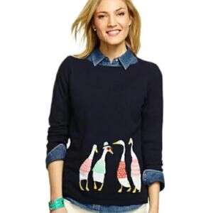 TALBOTS cute novelty navy blue ducks knit 3/4 sleeve cotton blend sweater top